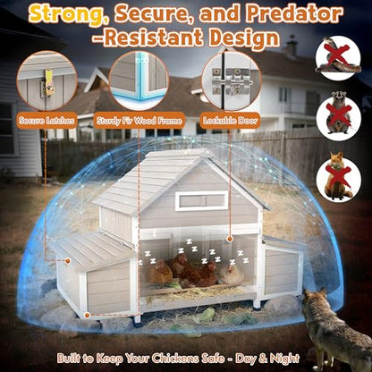 Ketive Large Chicken Coop for 2–4 Chickens Outdoor Poultry Cage Wooden Hen House with 6 Nesting Boxes, Reinforced Boxes, Dual Ramp Doors, Curved Wood Roof, Tray, Expandable (61.1"L x 38"W x 40.2"H) - size: 61.1"L x 38.0"W x 40.2"H