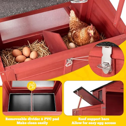 Portable Chicken Coop with Wheels Poultry Cage, Wooden Chicken Coop for 4-6 Chickens, Nesting Box, Pull-Out Tray, Ventilated Windows, Asphalt Weatherproof Roof, 81.5" Lx25.6 Wx44.1 H, Red - color: Red