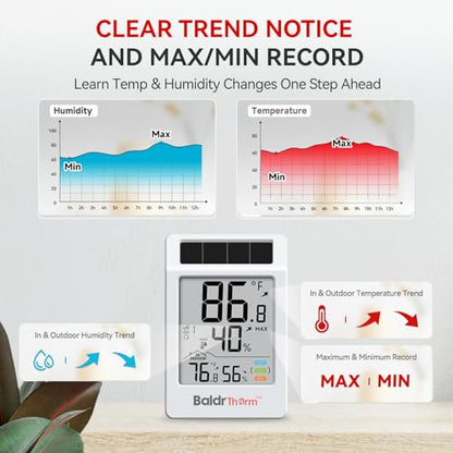 BaldrTherm Digital Hygrometer Indoor Outdoor Thermometer,Wireless Temperature Humidity Monitor with 330ft/100m Range, Multi-Zone Detection, Dual Power Supply & Trend Visualization, 1 Pack