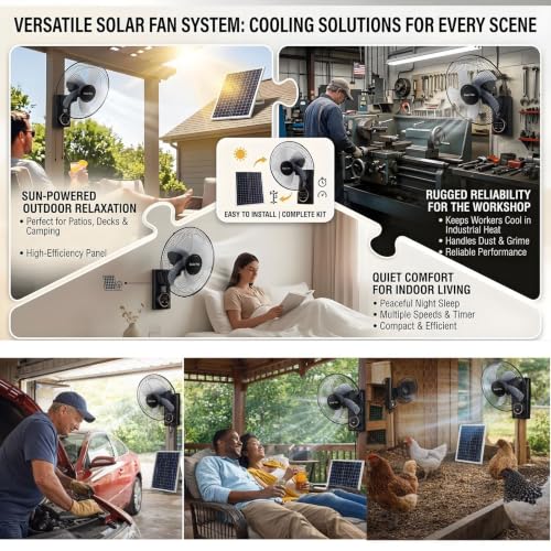 16" Wall Mounted Fans, Solar Barn Fan for Chicken Coop and Greenhouse, Zero Electricity, Solar Powered Fans for Outside, Solar Panel, Power Adapter,16ft Extension Cable AC/Solar Dual Power(3pcs) - size: 3pcs