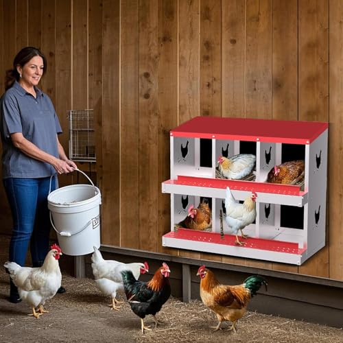 Chicken Nesting Box, 6 Compartment Metal Chicken Nesting Boxes for Chicken Coop, Large Vented Holes Chicken Laying Boxes with Rollout Egg Collection, Wall Mount Chickens Coops - color: Red, size: 6 Holes