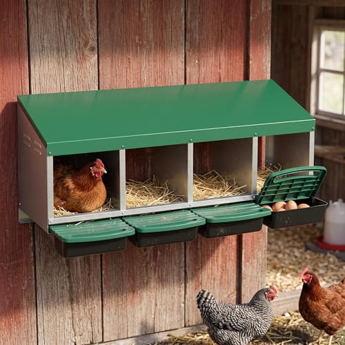 Metal Chicken Nesting Box - Heavy Duty Roll Away Nesting Boxes for Chickens Coop with Easy-Collect Tray & Lid, 4 Hole Galvanized Steel Egg Laying Boxes for Hens Ducks, Wall Mount or Freestanding - color: Green, size: 4 Holes