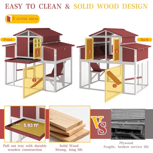 Large Chicken Coop Outdoor with Run, Hen House with Nesting Boxes, Rabbit Hutch Poultry Bunny Cage for 2-4 Chickens with Perches, Removable Tray (Red Chicken Coop 56.3" L x 35.24" W x 52.8" H)