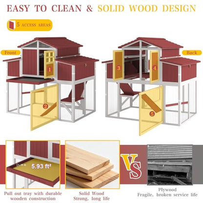 Large Chicken Coop Outdoor with Run, Hen House with Nesting Boxes, Rabbit Hutch Poultry Bunny Cage for 2-4 Chickens with Perches, Removable Tray (Red Chicken Coop 56.3" L x 35.24" W x 52.8" H)