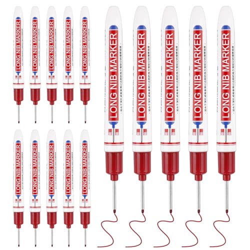 15 Pcs Long Nib Marker, 20 mm Long Head Deep Hole Marker Pens, Fine Nose Tip Deep Reach Permanent Paint Markers for Metal, Marking Pen for Drilling, Carpenter, Woodworking, Construction (Red) - color: Red