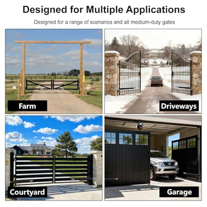 C025 Solar Gate Opener with Batteries & Solar Panel for Dual Swing Gates Up to 790lb 18FT per Arm Complete Automatic Gate Opener Kit with Remote Medium-Duty Electric Gate Opener Solar-Powered