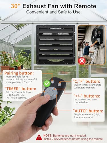 30in Shutter Exhaust Fan with Thermostat,Wall Mounted Attic Ventilation Fan,7000CFM,8m/s,Window Shutter Exhaust Fan with Remote,Controller,3Speed,Timer,All-Metal for Garage,Greenhouse,Attic,Coop,Black