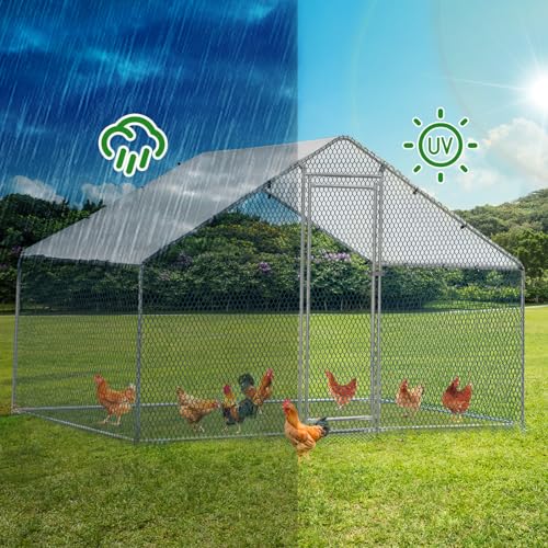 Outvita Chicken Coop, 6.5 x 6.5 FT Large Metal Chicken House, Poultry Habitat Cage with Waterproof Cover, Walk-in Chicken Run Pen for Small Animals, Yard, Farm, Patio - color: Silver, size: 78.0"L x 74.0"W x 78.0"H