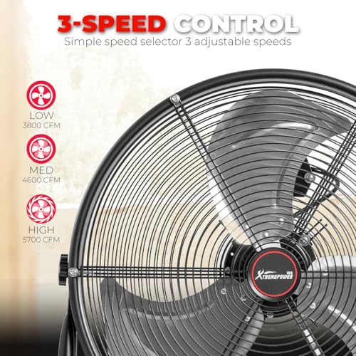 XtremepowerUS 24" Industrial Shop Fan High-Velocity Flow Drum Fan Floor Fan Rolling Drum Garage Tilt 3 Adjustable Speed Commercial, Gym, Garage Use, Black - size: 24" Rolling Floor