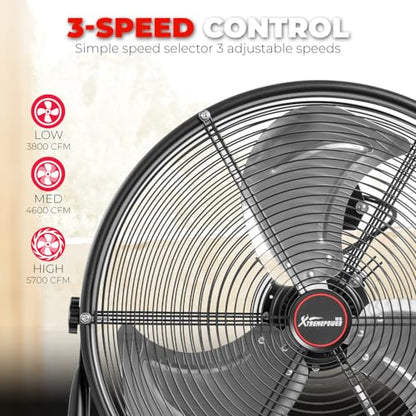 XtremepowerUS 24" Industrial Shop Fan High-Velocity Flow Drum Fan Floor Fan Rolling Drum Garage Tilt 3 Adjustable Speed Commercial, Gym, Garage Use, Black - size: 24" Rolling Floor