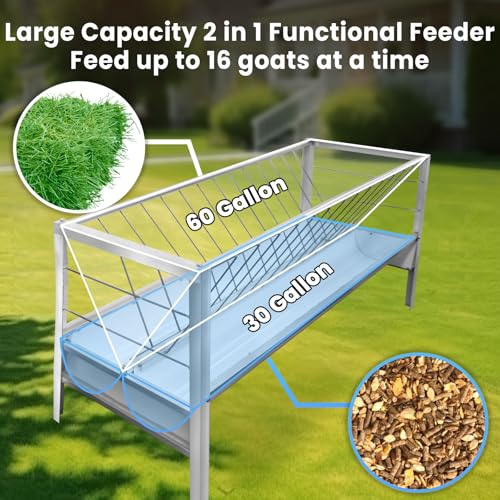 5 FT Galvanized Goat Feeder, 90 Gallon 2-in-1 Hay Rack & Grain Trough Combo, Heavy Duty Rust-Resistant Livestock Feeder for Sheep, Barn & Pasture