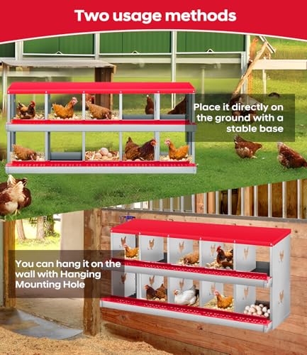Garvee Chicken Nesting Box, 10 Compartment Metal Nesting Box,Wall Mount Chicken Nesting Boxes for Laying Eggs,Easy Egg Collection,10 Room Nest Boxes for Chickens - size: Red 10 Compartment