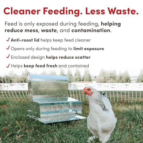 RentACoop 40 lb Automatic Treadle Chicken Feeder, Metal Rat Resistant Poultry Feeder, Rainproof No Waste Step-On Feeder for Chickens, Bantams, Ducks, Pheasants, Outdoor Covered Feed Bin - style: 40LB Treadle Feeder