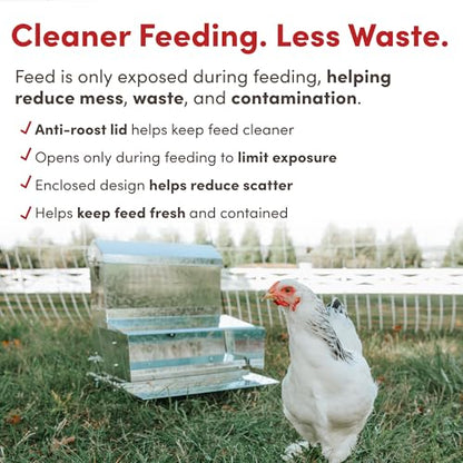 RentACoop 40 lb Automatic Treadle Chicken Feeder, Metal Rat Resistant Poultry Feeder, Rainproof No Waste Step-On Feeder for Chickens, Bantams, Ducks, Pheasants, Outdoor Covered Feed Bin - style: 40LB Treadle Feeder