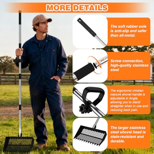2-in-1 Chicken Poop Scooper & Chicken Coop Rake, Adjustable Stainless Steel Handle Chicken Coop Sifting Litter Shovel & Metal Litter Sifter (12 Inch, 28-65"，Black)