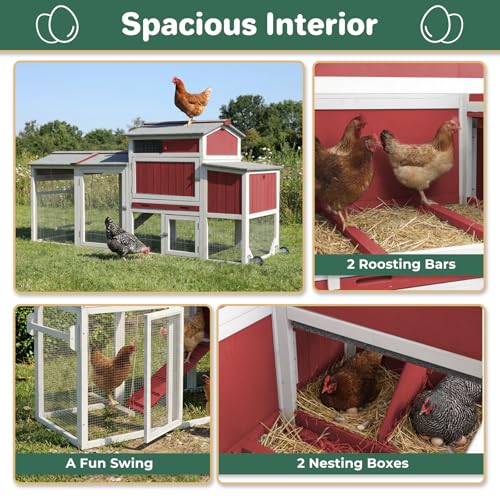 Chicken Coop with Run, Mobile Chicken Tractor Hen House Weatherproof with Wheels, Nesting Box, Roosting Bars, Pull-Out Tray, Asphalt Waterproof Roof & Fun Swing for Chickens Quails Small Animals - color: Red