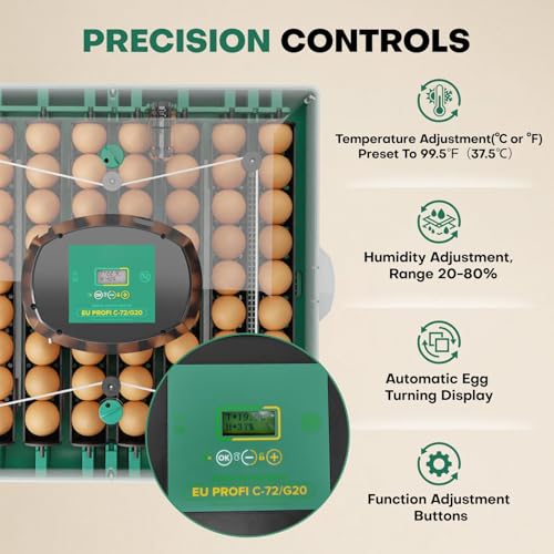Incubators for Hatching Eggs, 72 Eggs Hatching Incubator with Automatic Egg Turner & Humidity Control & Digital Temp, 360° Clear View for Chicken/Duck/Quail Perfect for Lab School Farm