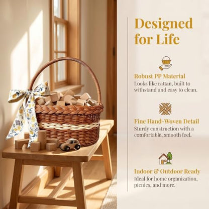 Wicker Basket with Handles, PP Woven Empty Picnic Basket, Vintage Hand Woven Hamper for Picnics Easter Egg Gathering Camping Mother's Day Wedding Birthday Party Supplies, Style F
