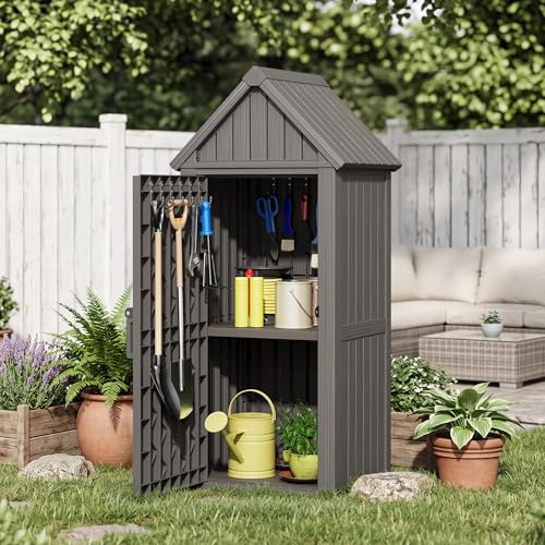 Fancyango Outdoor Resin Storage Cabinet Sturdy All-Weather Shed with Removable Shelves Lock Ring & Reinforced Floor – for Garden Patio Lawn (Claasin Grey) - color: Claasin Grey