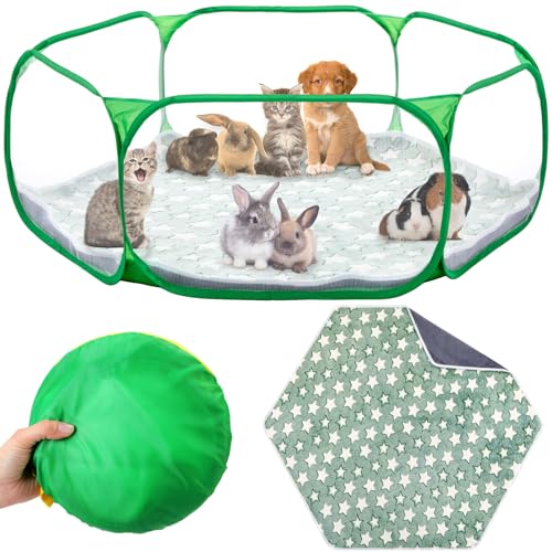 VitalCozy Hamster Playpen with Mat Small Animal Cage Tent Breathable Transparent Guinea Pig Playpen Waterproof Portable Yard Fence Mat Foldable Exercise Cage Outdoor Indoor (Green,Star) - color: Green