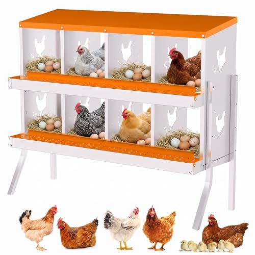 Chicken Nesting Boxes, 8 Compartment Metal Stainless Steel Chicken Laying Boxes with Legs, Easy to Clean and Install, 2-in-1 Wall/Floor Standing, for Hens Outdoor Chicken Coop Farm Yard, Orange - color: Orange, size: 8 holes with legs