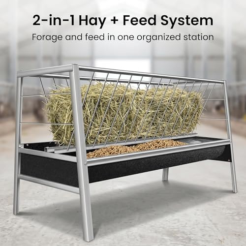 77 Gallon Stainless Steel Livestock Hay Feeder, Anti-Waste Rubber Trough Feeding Container, Heavy Duty Feeder for Goats, Sheep, Calves and Horses, Farm Animal Feed Accessory