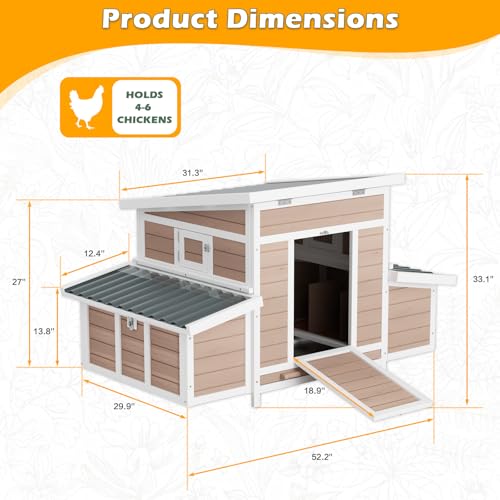 Chicken Coop, Large Wooden Chicken House with Waterproof Roof & Pull-Out Tray, Outdoor Chicken Hutch with 6 Nesting Boxes, Duck Coop Hen House for 4-6 Chicken, Khaki - color: Khaki