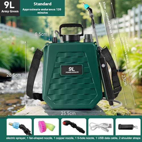 Electric Sprayer - Watering Can Rechargeable | Battery Operated Sprayer with Adjustable Shoulder Strap - for Home Outdoor Plant Agriculture Backyard Yard Lawn Farm - color: 9L Army Green
