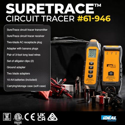 Ideal Electrical SureTrace Digital Circuit Tracer (61-946), Circuit Breaker Finder, 0-480 Volts AC/DC with Backlit Display, Find Breakers, Fuses, Wires, Dead Shorts, and Splice Errors