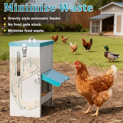 10L Automatic Chicken Feeder Metal No Waste Poultry Feeder Gravity Fed Self Feeding Large Chicken Food Dispenser with Lockable Lid and Rain Cover