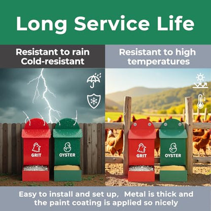 Rustproof Chicken Grit and Oyster Shell Feeder 2 Pack, Heavy Duty Metal Poultry Feeders for Coop or Fence, Rainproof Dual Compartment Wall Mounted Feeder for Outdoor Chicken Coops
