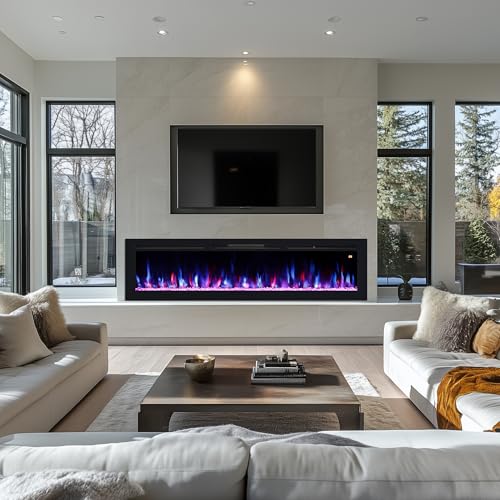 54" Electric Fireplace, Recessed, Wall Mounted and Freestanding Fireplace Heater, Adjustable Flame Color, Speed & Brightness, Thermostat, 9H Timer, Child Lock - size: 54"