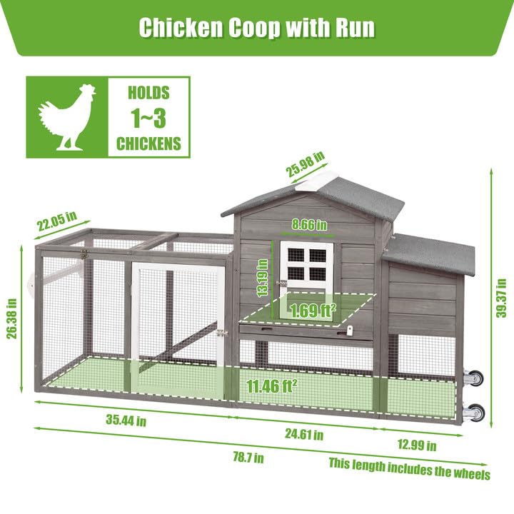 Ketive Chicken Coop with Run and Wheels, Outdoor Wooden Hen House with Nesting Box, Asphalt Roof, Removable Tray, Mobile Poultry Cage Rabbit Hutch - color: Grey, size: 74.8"L x 22.1"W x 39.4"H