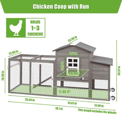 Ketive Chicken Coop with Run and Wheels, Outdoor Wooden Hen House with Nesting Box, Asphalt Roof, Removable Tray, Mobile Poultry Cage Rabbit Hutch - color: Grey, size: 74.8"L x 22.1"W x 39.4"H