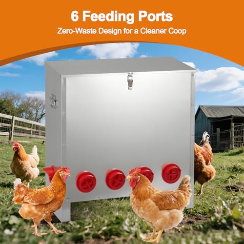 Automatic Chicken Feeder 85-120lbs Capacity, Galvanized Metal Poultry Feeding Equipment, Rainproof & Rodent Proof Large Chicken Food Dispenser for Backyard Coop & Farm Use (6 Ports) - style: 6 Ports(85-120LBS)