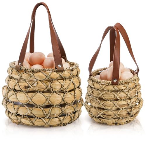 Goaste 2 Sizes Egg Collecting Baskets with Handle, Round Chicken Egg Storage Baskets, Handwoven Wicker Eggs Container for Gathering Fresh Eggs, Vintage Countertop Picnic Basket for Easter, Harvest