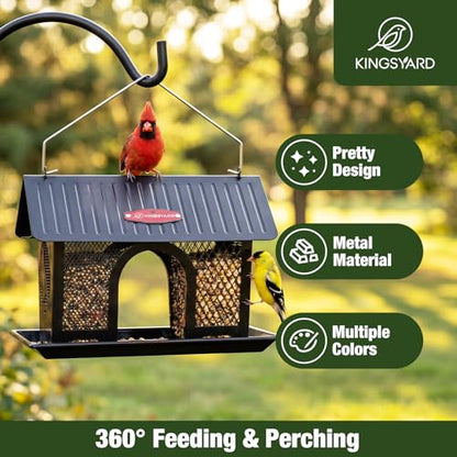 Kingsyard Bird Feeder for Outdoors Hanging, Dual-Use Metal Mesh Wild Bird Feeders with Seed Tray & Weatherproof Roof, 3 lbs Large Capacity, Black - color: Black