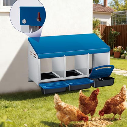Chicken Nesting Box, 3 Compartment Roll Away Design for High-Volume Egg Collection and Easy Wall Mounting with Metal Legs - color: blue, size: 3 holes