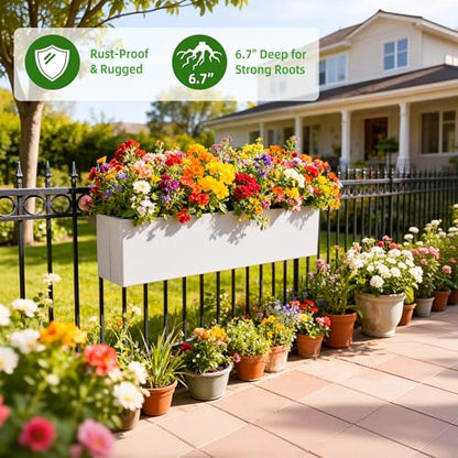 Metal Railing Planter Box, 30 Inch Balcony Planters with Adjustable Brackets, Large Hanging Planters for Outdoor Fence Deck - color: White