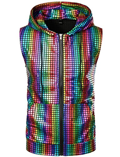 ZEROYAA Mens Shiny Metallic Zip Up Sleeveless Hooded Vest T Shirt with Kangaroo Pocket - color: Multicolour Sequin, size: XX-Large