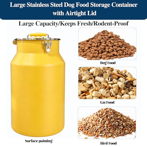 25 Lbs Stainless Steel Dog Food Storage Container with Scoop, Large Metal Dog Food Bin with Airtight Lid & Locking Clamp, Pet Treat Jars for Dogs & Cats, Keep Fresh, Yellow
