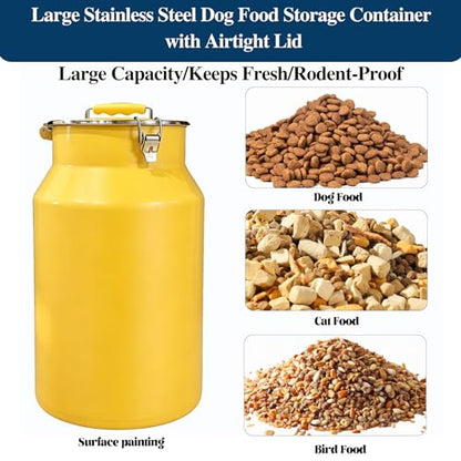 25 Lbs Stainless Steel Dog Food Storage Container with Scoop, Large Metal Dog Food Bin with Airtight Lid & Locking Clamp, Pet Treat Jars for Dogs & Cats, Keep Fresh, Yellow