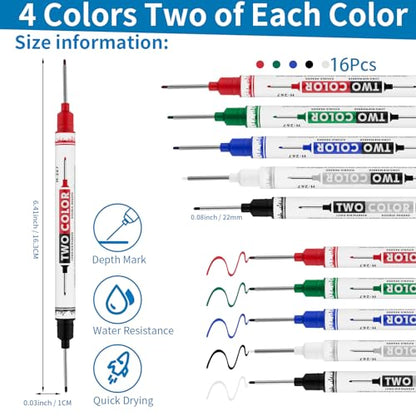 16 PCS Long Head Deep Hole Marker Pens,20mm Long Nib Marker, Longs Nose Markers, Waterproof Construction Markers Marking Tool,Permanent Markers Carpenter Ink marker Pens,Metal marking Pens - color: 16PCS-Double-ended pens-20MM-Red/Blue/Green/Black/White