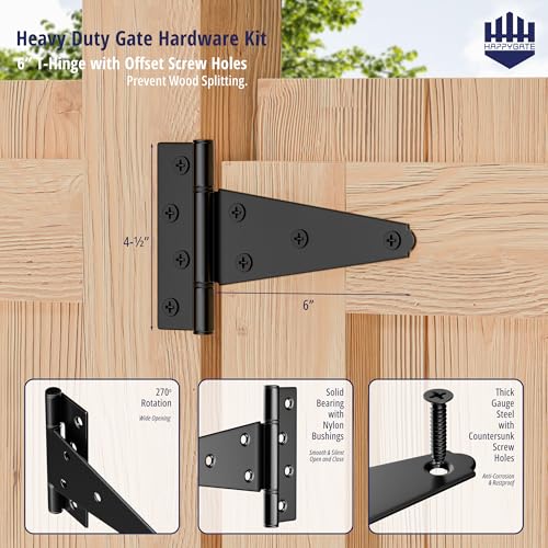 Fence Gate Hardware Kit, Heavy Duty Gate Kit for Wooden Fence with Self Locking Gate Latch, 6in T-Strap Gate Hinges, Door Pull Handle, Gate Hinges and Latch Set for Wooden Vinyl Fence