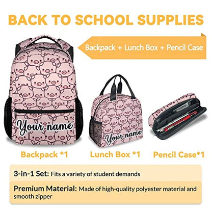 Personalized Pig Backpack with Lunch Box and Pencil Case, 16 Inch Cute Pig Bookbag Durable, Lightweight, Large Capacity, Funny Animal Backpack for School Girls Kids Women - color: Style-1-3