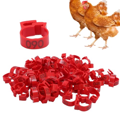 100PCS 20mm Chicken Leg Bands, 001 to 100 Numbered Colorful Chicken Birds Poultry Identification Leg Bands for Chicks Ducks Pigeons Goose Quail Yellow (red) - color: red