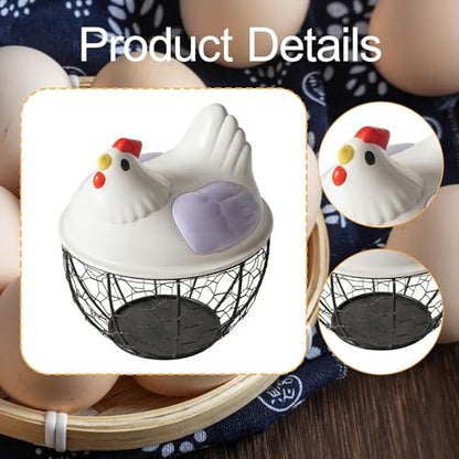 Chicken Egg Basket Metal Iron Wire Egg Collection Basket Vegetable Fruit Basket Farmhouse Decorative Storage with Ergonomic Handles Suitable for, Purple Lid