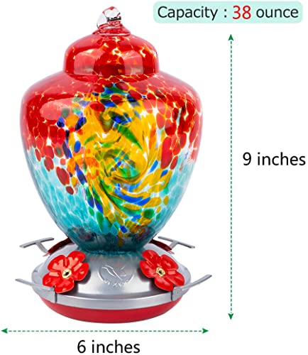 REZIPO Hummingbird Feeder with Perch - Hand Blown Glass - 38 Fluid Ounces Hummingbird Nectar Capacity Include Hanging Wires and Moat Hook (Half Red) - color: Half Red