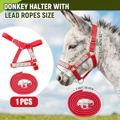 1 Set Miniature Donkey Halter with Lead Ropes, Cute and Stylish Adjustable Nylon Head Collar Set for Miniature Donkeys (Red) - color: Red