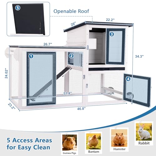 Rabbit Hutch Indoor Outdoor Bunny Cage, Weather Resistant Openable Roof, Slide Out Tray, Handle & Rolling Wheels, Chicken Coop, 48.05" L x 26.02" W x 34.3" H, White - color: White
